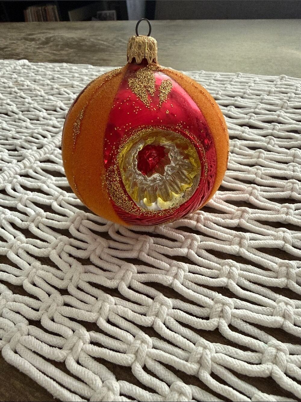 Vintage Orange & Red Mercury Glass Glitter Indent Holiday Christmas Ornament